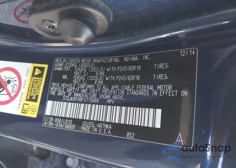 2015 Toyota Highlander Xle V6 z USA, uszkodzony, nr VIN 5TDJKRFH9FS115668